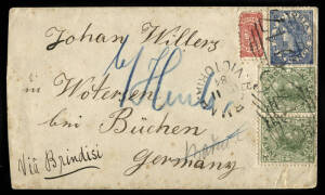 1884 (Mar.11) cover to Germany franked with QV 6d ultramarine, 1d green horiz. pair and ½d rose-red tied by BARMAH duplex "947", endorsed "via Brindisi". With Echuca (11.3.), Melb. (12.3.) and Roseburg (22.4.) b/stamps. Minor ageing, 8½d correct Brindisi 