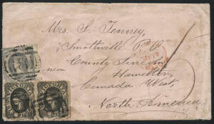 MAIL TO CANADA: 1864 (Mar.22) cover from PORTLAND to HAMILTON, franked with 6d pair + 2d, tied by multiple strikes of BN "8", plus mss "5" and London transit cds on front. Portland, Melbourne, Smithville, Grimsby & HAMILTON backstamps.