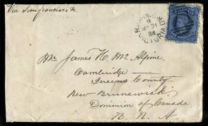 1884 (May 21) single usage of QV 1/- deep blue/blue tied by Richmond duplex "71" on a cover to Cambridge, New Brunswick, Canada. With transit marks of Melbourne, Borton Station (25.6) and Narrows (27.6) on the reverse. Correct 1/- double rate via San Fran