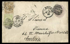 1889 (Dec.20) QV 2d pale violet embossed envelope, Melbourne - Vienna uprated with QV 3d yellowish brown and 1d green. Transit marks of Naples (24.1.1890) and Mariahilf (25.1.) on the reverse. Correct 6d via Naples, ½oz rate. Scarce usage.