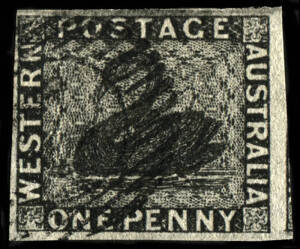 1854 (SG.1) 1d Black Swan with 4 margins. Right margin with part of ajoining stamp. With faint '2' barred oval cancel.