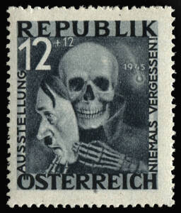 1946 Never Forget ("Niemals Vergessen"), unissued designs, post office fresh, MUH. (Minor paper inclusion on higher value mentioned for accuracy). Offered together with an extremely rare intact entry ticket to the Exhibition in Vienna.