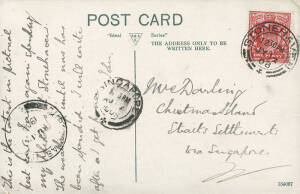 1908 (July 13) RP postcard from STONEHAVEN, SCOTLAND bearing 1d Edward; addressed to "Mrs Darling, Christmas Island, Straits Settlements via Singapore" with double circle "SINGAPORE AU 7 1908" transit cds and "CHRISTMAS ISLAND AU 18 1907" [Proud Type B] a