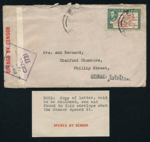 26 Apr.1944 letter from Suva to Ann Bernard, with envelope Opened by the Censor (and note, saying no letter enclosed!) with reference to Fijian aviation, together with Bernard's handwritten copy of her letter to flyer Jimmy Mullins (Sept.1944); small phot