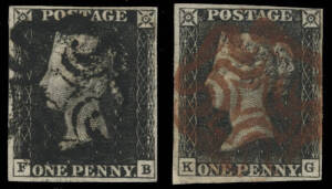 1d intense black [FB] cancelled with black Maltese Cross and 1d grey black [KG] cancelled with red Maltese Cross. Both with 4 margins.