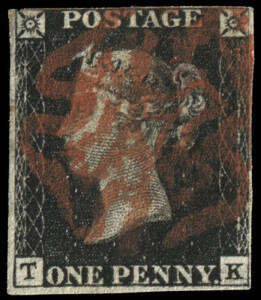 1840 (SG.2) 1d Black [TK] fine 4 margins (close 2 sides) with red MC.