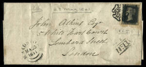 1841(May.23) usage of 1d Black on an entire, Maidstone - London; Plate 5, with cnr. letters "HJ" (4 margins), tied by a black Maltese Cross. Fold marks and hinge remains on reverse. Cat.£750.