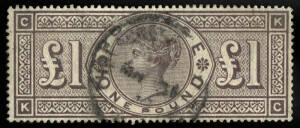 1884 (SG.185) £1 brown-lilac, QV, wmk Three Crowns. Fine commercial usage. Cat. SG £2750.