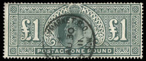 1902-10 (SG.266) £1 dull blue-green, KEVII, wmk Three Crowns, perf. 14. Fine commercial usage, dated 30/08/11.