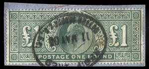 1902-10 (SG.266) £1 dull blue-green, KEVII, wmk Three Crowns, perf. 14. Used on piece, dated "11 May 05"