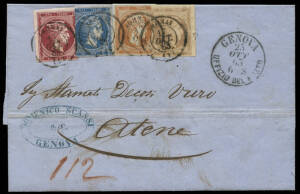 1863(Oct.17) entire Athens - Athens with Genova transit cancel and a quadruple franking of 1.12d (80 + 20 + 10 + 2 lepta); 1869 (Oct.9) entire 'Kalamata' - Trieste, franked 55 lepta (20 x2 + 10 + 5) tied by diamond of dots "31"; 1872 (Oct.29) entire to Tr