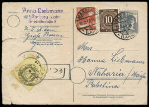 NAHARIYA LOCALS - 3rd ISSUE: April 1948 (Bale 120 & 121) 10m yellow, applied as delivery charge on an incoming 12pf postal stationery card (uprated 18pf = 30pf) sent Feb.1948 from MARBURG, Germany, with full manuscript message on reverse; also, May 1948 u