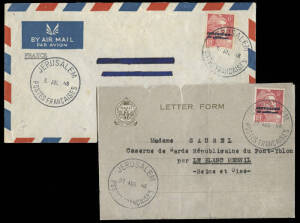 FRENCH CONSULAR POST IN JERUSLAEM - 3rd ISSUE: 6m Marianne overprinted 20m (Bale 128) FU on 3 July airmail cover from Jerusalem to Paris (part address obliterated); also, another example FU on NAAFI Letter Form 27 Aug.1948 to France.