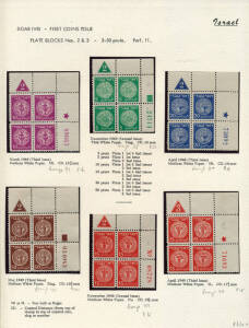 FIRST COINS: Plate block collection on exhibit pages, all very fine & fresh: Groups 13, 27, 38, 68, 93, 101, 103, 114, 133, 137, 144 & 151. Cat.$630+.