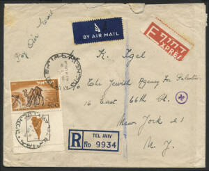 1950 (Bale 47) 500pr Negev Camel, superb MUH single with full tabs; together with a full tab single FU on (roughly opened at top) Feb.1951 registered Express airmail cover from Tel Aviv to New York. This stamp with full tab on commercial cover is extremel