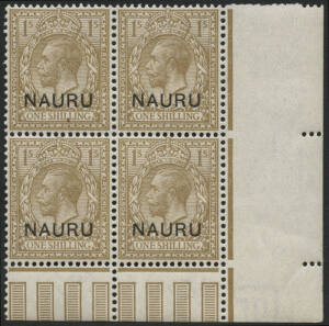 1918-23 (SG.12) 1/- bistre-brown KGV, lower right corner block. Superb MUH.