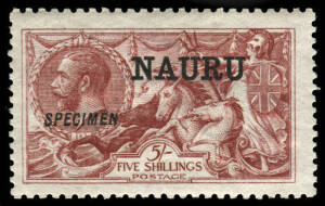 1918-23 (SG.22s) 5/- bright carmine, overprinted SPECIMEN; very fine and fresh. Scarce.