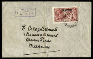 1919 (April 9) registered, censored cover to Melbourne, with 5/- Seahorse attractively tied by "P.O.PLEASANT ISLAND (NAURU) cds. With Sydney & Melbourne backstamps. Fine.