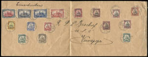 22 Dec.1913 usage of 3pf - 5Mk Yachts set (Mi.7-19 complete, plus 3 additional low values) attractively tied on large cover (folded at centre) from HERBERTSHOHE and addressed to the German Missionary Station at VUNPOPE.