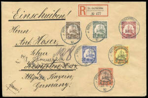 June 1910 usage of 3pf - 30pf Yachts (Mi.7-12) on registered cover from HERBERTSHOHE to Geramny; redirected on arrival, with KEMPTEN and KRUMBACH backstamps. Bothe BPP authentication h/stamp on reverse.