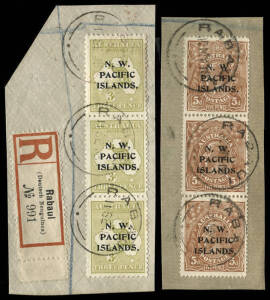 1915-16 issues in vertical ABC strips, all FU and including 2 on piece, one with Rabaul registration label alongside. The group comprises ½d Green, 1d Rosine, 2½d Indigo (2 strips), 3d Olive (2 strips) & 5d Chestnut. Cat.£430+.