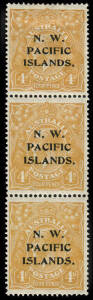 1915-16 (SG.70,70c) 4d Bright Yellow-Orange, vertical strip; the top unit showing the "Line through FOUR PENCE" variety. Cat.&pound;425+.