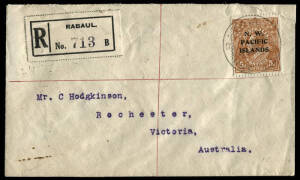 July 1921 usage of 5d Brown KGV, solo franking attractively tied on registered cover from RABAUL to Victoria; with RABAUL, MELBOURNE & ROCHESTER backstamps. Black registration label.