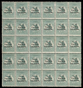 1915-16 (SG.81) 1/- Green, complete sheet of Plate 2 Right Pane [Fourth Setting], mainly fine & fresh; and mostly **. Ex Patrick Williams, FRPSL. Accompanied by extensive notes re identifable varieties. Cat.£2500+.