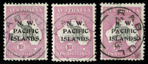 1915-16 (SG.84) 10/- Grey & Pink 'Roo, 1st wmk, o'ptd 'N.W. / PACIFIC / ISLANDS.", with the 3 different o'pt types. All cancelled Rabaul, 1916, 1918 & 1919. All VFU, local retail $275 each.