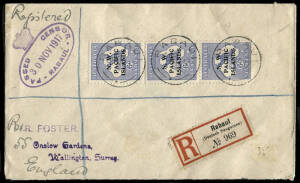 6d Ultramarine (SG.88) vertical strip of 3 types, FU on Nov.1917 registered cover from RABAUL to England.