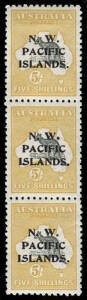 1915-16 (SG.92) 5/- Grey & Yellow, vertical strip showing the a,b & c overprint types; the lower 2 units **; top unit MLH. Superb. Cat.&pound;375.