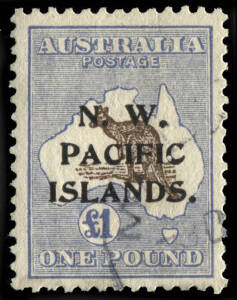 1915-16 (SG.99) £1 chocolate & dull blue, 3rd wmk, o'ptd "N.W. / PACIFIC / ISLANDS." type 'c' with "Broken second 'C' in PACIFIC". FU used with part Madang postmark. Local retail $675.