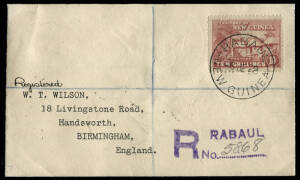 1925 (SG.135) 10/- Native Huts, FU single franking on over-paid registered cover from Rabaul to England; with SYDNEY & BIRMINGHAM REGISTERED backstamps.