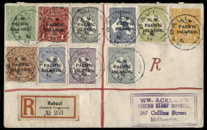 1917 (July 7) usage of N.W.P.I. opt'd ½d, 1d, 4d & 5d KGV heads + 2d, 2½d, 3d, 6d, 9d & 1/- Roos, attractively tied on reg'd cover from RABAUL (German label) to Melbourne stamp dealer; with SYDNEY & MELBOURNE backstamps.