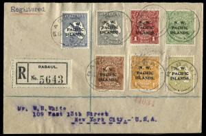 1920 (Apr.7) usage of N.W.P.I. opt's 2d Grey, 2½d Indigo & 3d Olive Roos + ½d Green, 1d Red, 4d Orange & 5d Chestnut KGV attractively tied on registered cover from RABAUL to USA; the registration label in black. SYDNEY & NEW YORK backstamps.