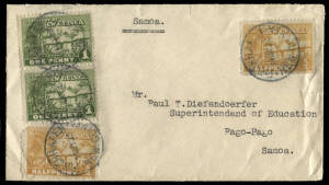 May 1930 usage of ½d (2) + 1d (2) Native Huts, tied by FINSCHHAFEN cds's on a cover sent by Reverend J. Herrlinger to the Superintendent of Education at Pago-Pago, Samoa.