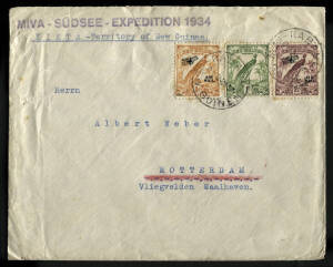 1934 (Dec.4) Rabaul - Rotterdam cover with violet single line h/stamp "MIVA - SÜDSEE - EXPEDITION 1934" and typed in blue "KIETA - Territory of New Guinea", with a triple franking of 3d. Rarely offered.