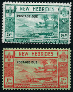1938 (SG.D6-D10) 5c blue-green - 1fr red/green o'ptd "POSTAGE DUE". The 5c with trace of a hinge. Cat.&pound;160.
