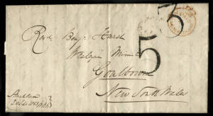 1853 (Sept.24) entire to a Wesleyan Minister, Golbourn NSW, showing a very fine "PAID AT / AUCKLAND, NEW ZEALAND" red crowned circle and additionally handstamped "3" and "5". Backstamped Auckland and Sydney. Cat.&pound;300+.