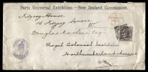 1889 (Oct.22) usage of "Paris Universal Exhibition: - New Zealand Commission." printed envelope with AGENT GENERAL FOR NEW ZEALAND cachet at left, bearing GB 1d Violet from CHARING CROSS for LONDON delivery to eminent Hawke's Bay Pastoralist, lawyer, patr