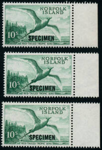 1947-62 (SG.1-12 & 6a) ½d to 2/- Ball Bay set plus 3d green (white paper) later issue in top marginal strips of 10. Plus (SG.36s) 10/- Bird "SPECIMEN", right marginal singles x 3. All fine MUH.