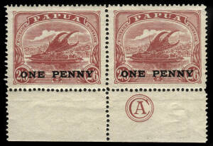 1917 (SG.106-111) ½d to 2/6 surcharged "ONE PENNY" set of 6 as marginal CA monogram pairs. Tropicalized gum in varying degrees.