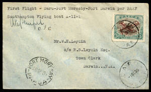 1 Sept.1935 (AAMC.P90a) Daru - Port Moresby - Port Darwin cover, flown and signed by Squadron Leader A. Hempel in a Southampton Flying Boat; with Port Moresby & Darwin backstamps. Scarce. Cat.$600.