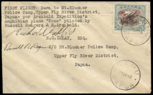 18 June 1936 (AAMC.P104) Daru to Mount Blucher flown cover, where it was dropped by parachute to members of the Second Archbold Expedition. Signed by Pilots Rogers & Archbold and endorsed on reverse by O.I.C of Mt. Blucher Police Camp.
