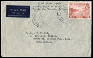25 Feb.1939 (AAMC.P142) Port Moresby - Thursday Island - Darwin cover flown by Eddy & Kelly in a Grumman Amphibian on behalf of the Island Exploration Company. With DARWIN arrival backstamp. Accompanied by the original enclosure, on company letterhead, ex