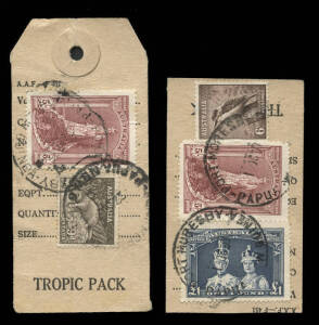 1950, usage of h/value Robes on A.A.F. parcal tags with 5 Aug. part tag with 5/- Robe, 2/- crocodile & 1/- lyrebird, 22 Sept. full tag with 5/- Robe & 9d platypus and 10 Oct. part tag with &pound;1 & 5/- Robes & 6d kookaburra. All cancelled Port Moresby. Very s