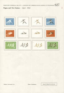 PROOFS: 1962 (SG.39-41) British Commonwealth Games, Perth: complete set of Courvoisiers' original colour separations & completed designs, all imperforate and affixed to the official Archival album page [#627]. Superb & UNIQUE.