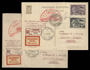 25 July 1931 (Si.120.Bb) Leningrad to the icebreaker "Malygin", North Pole, flown Zeppelin registered postcard and registered cover franked with a set of imperf. Zeppelin stamps, 30k + 1r and 35k + 2r. (Sc.C26 - C29). Both with red Zeppelin Polar cachets 