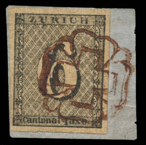 1843 6Rp. black, Zurich Cantonal, fine used on piece, with 4 full margins.