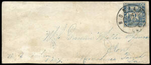 CONFEDERATE POSTMASTERS' PROVISIONALS; Mobile Alabama 5c blue used on piece (Sc.58X2), tied by Mobile cds. Fine four margin example. Cat. Sc. $400.